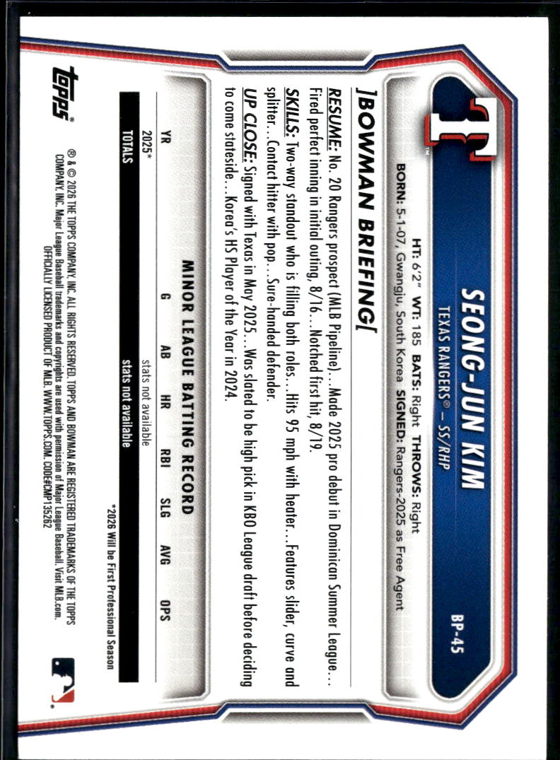 Seong-Jun Kim 2026 Bowman 1st Fuchsia Rookie RC 196/299 Texas Rangers