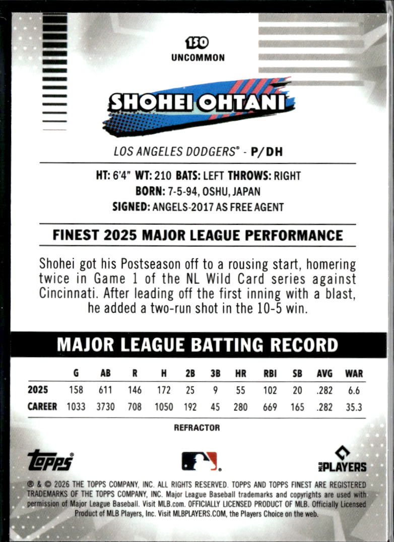 Shohei Ohtani 2026 Topps Finest Uncommon Refractor #150 Los Angeles Dodgers