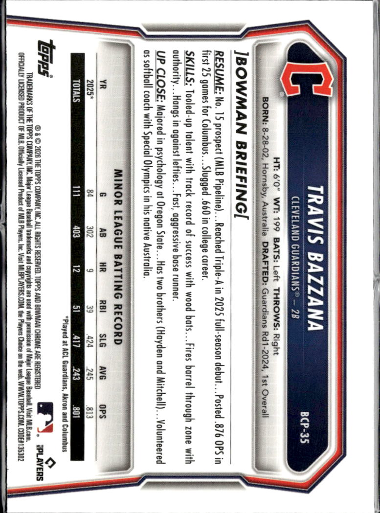 Travis Bazzana 2026 Bowman Chrome Blue RayWave 84/150 Cleveland Guardians