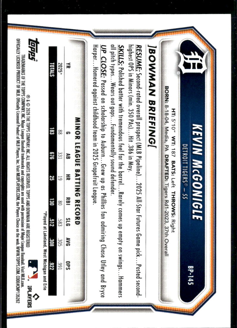 Kevin McGonigle 2026 Bowman Purple Parallel 40/250 Detroit Tigers