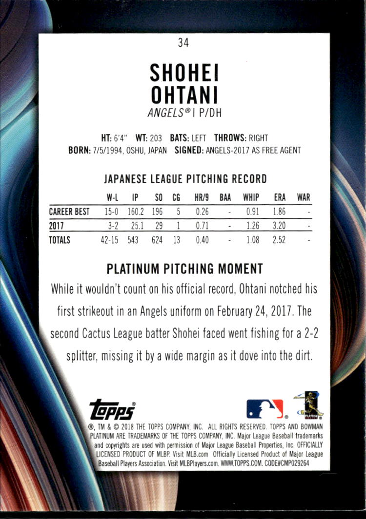 Shohei Ohtani 2018 Bowman Platinum RC Rookie #34 Los Angeles Angels