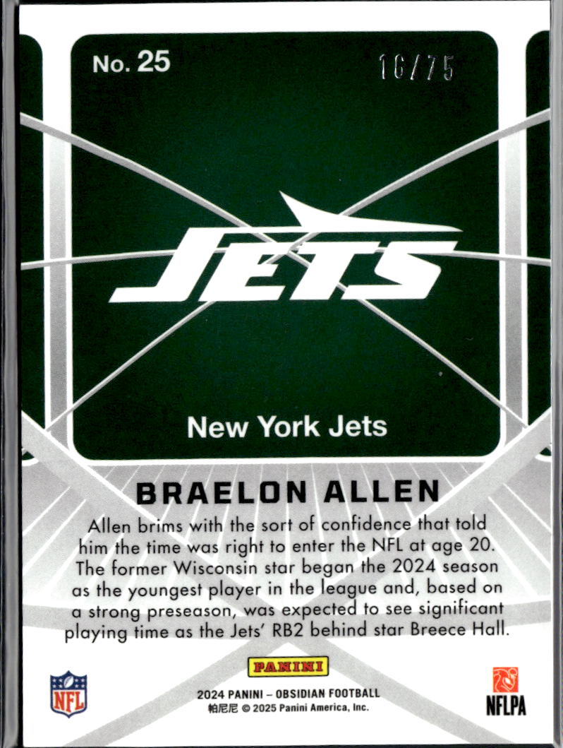 Braelon Allen 2024 Obsidian Atomic Initials Red Rookie RC 16/75 New York Jets