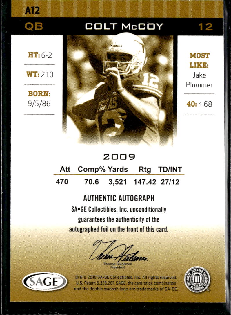 Colt McCoy 2010 SAGE HIT Auto Autograph RC Rookie Texas Longhorns