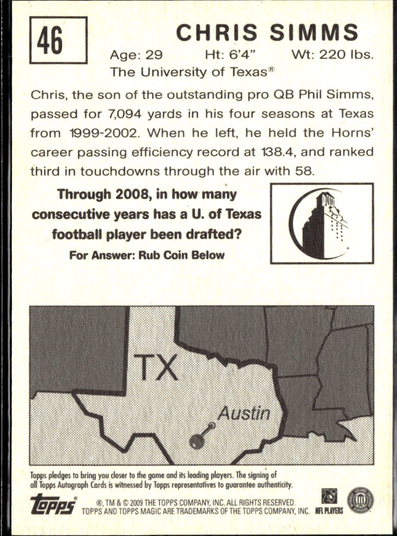 Chris Simms 2009 Topps Magic Auto Autograph SSP Texas Longhorns