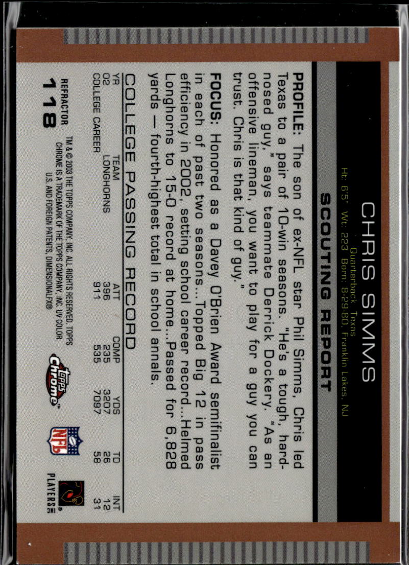 Chris Simms 2003 Topps Chrome DPP GOLD Refractor RC Texas Longhorns