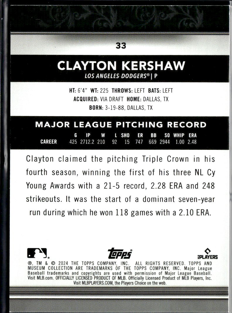 Clayton Kershaw 2024 Museum Collection Purple 75/99 Los Angeles Dodgers