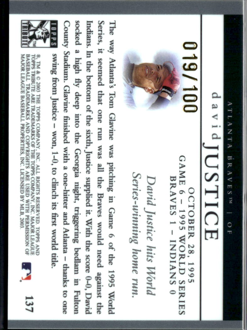 David Justice 2003 Topps Tribute Gold 18/100 Atlanta Braves