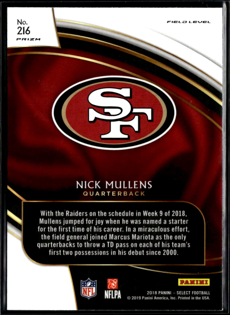 Nick Mullens 2019 Select RC Field Level Silver Prizm Rookie San Francisco 49ers