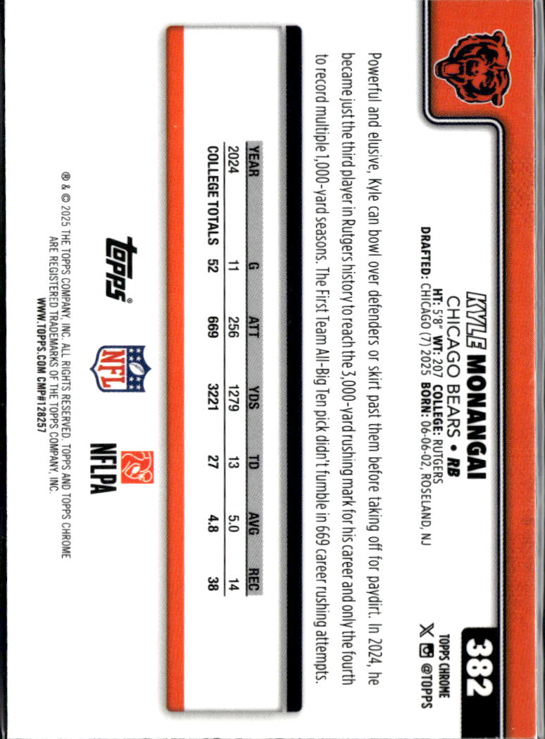 Kyle Monangai 2025 Topps Chrome RC Pink Refractor 197/250 Chicago Bears
