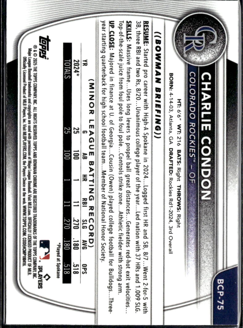 Charlie Condon 2025 Bowman Chrome 1st Blue Reptilian Refractor 14/150 Rockies
