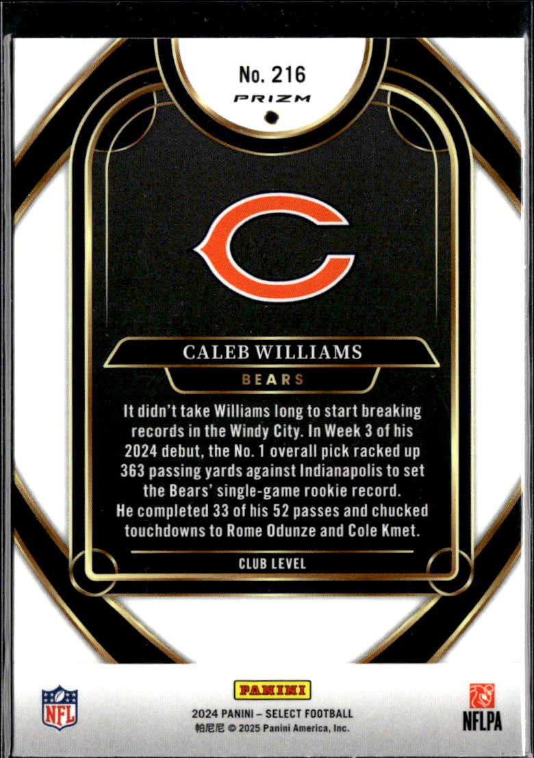 Caleb Williams 2024 Select Club Level Red Black Prizm RC Chicago Bears