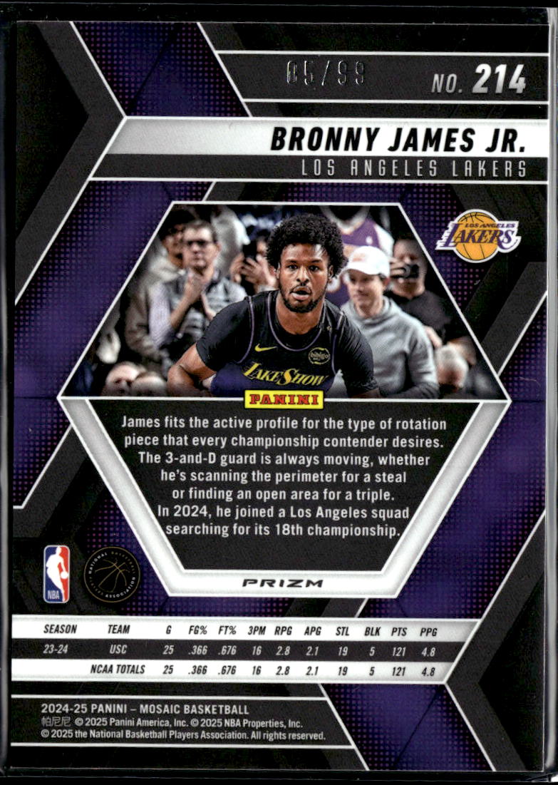 Bronny James Jr. 2024-25 Mosaic RC Purple Prizm 5/99 Los Angeles Lakers