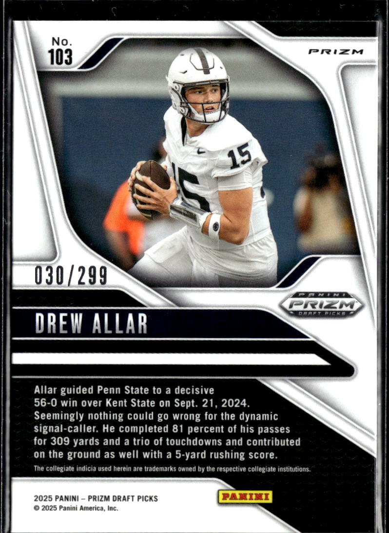 Drew Allar 2025 Prizm Draft Blue Wave Rookie RC 30/299 Penn State