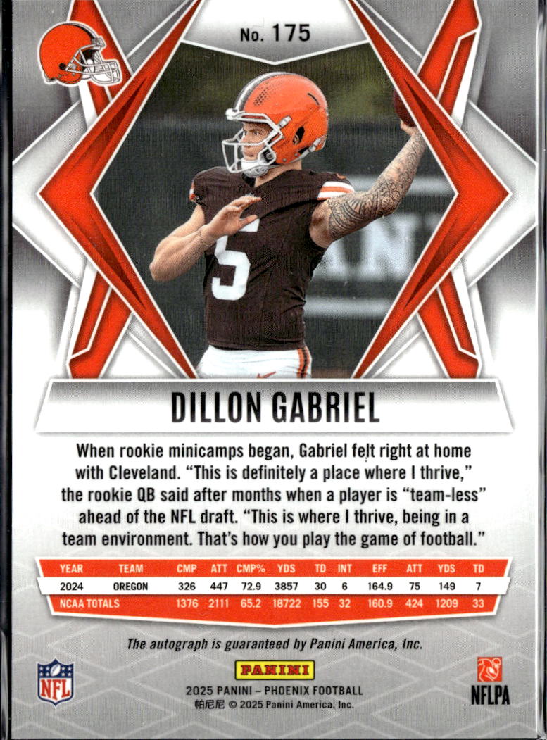 Dillon Gabriel 2025 Phoenix Auto Autograph RC Hyper Cleveland Browns
