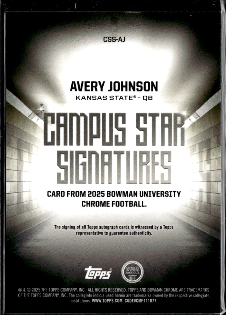 Avery Johnson 2025 Bowman Chrome Campus Auto Autograph GOLD /50 Kansas State