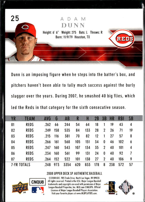Adam Dunn 2008 SP Authentic GOLD 38/50 #25 Cincinnati Reds