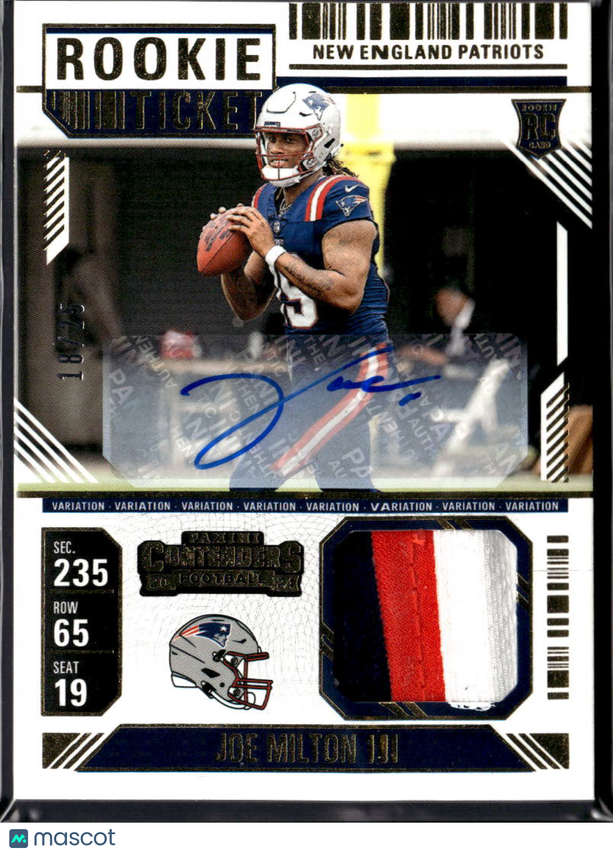 Joe Milton III 2024 Contenders Auto Autograph Patch RC 18/25 Patriots