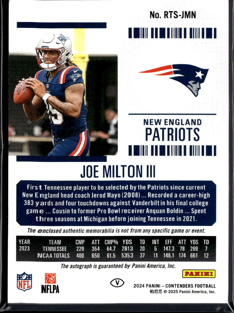 Joe Milton III 2024 Contenders Auto Autograph Patch RC 18/25 Patriots