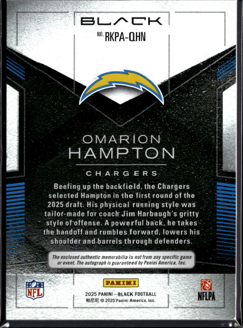 Omarion Hampton 2025 Panini Black Auto Autograph Patch RC 15/199 LA Chargers