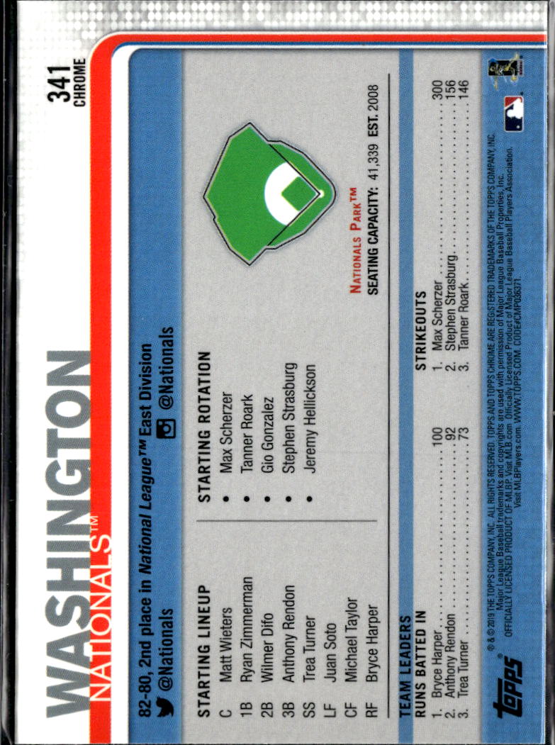 Washington Nationals 2019 Topps Chrome Sapphire Refractor Team Card #341