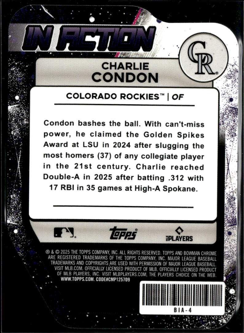 Charlie Condon 2025 Bowman Chrome In Action Mini Diamond 66/150 Colorado Rockies