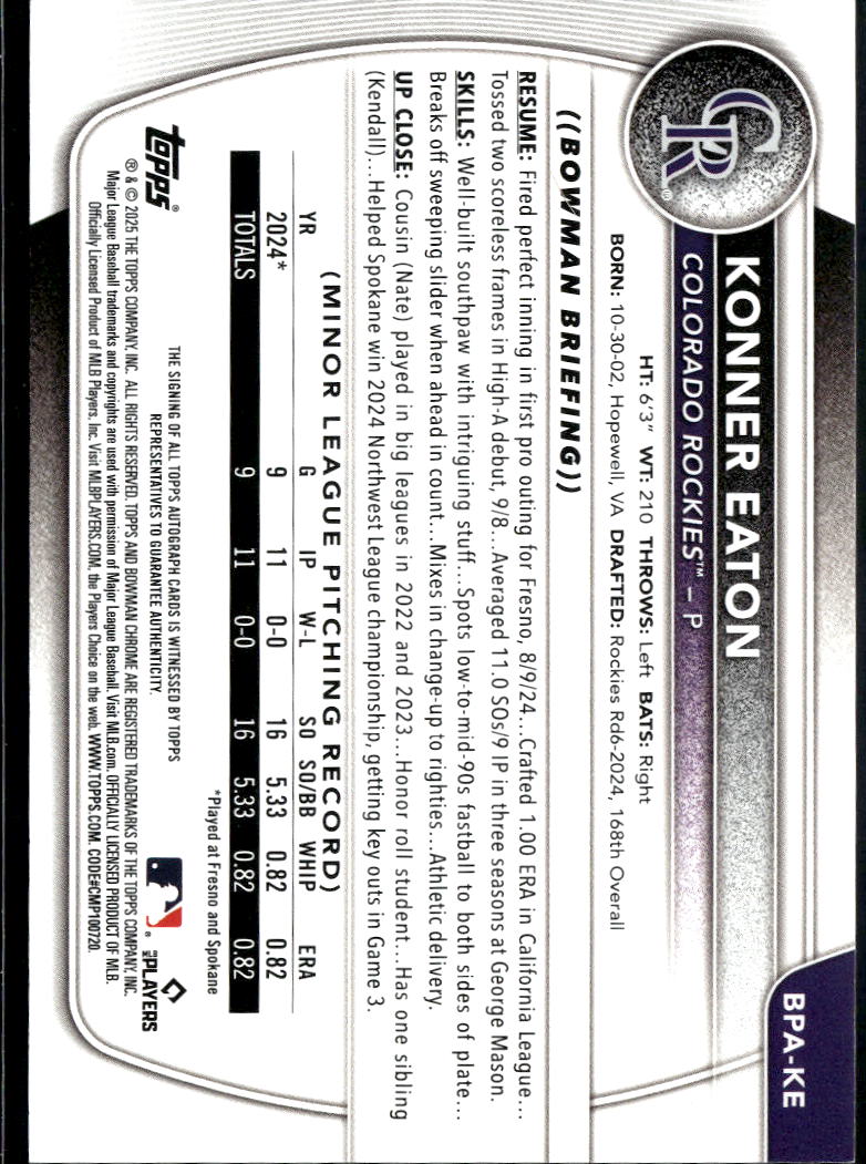 Konner Eaton 2025 Bowman 1st GOLD Auto Autograph RC 23/50 Colorado Rockies