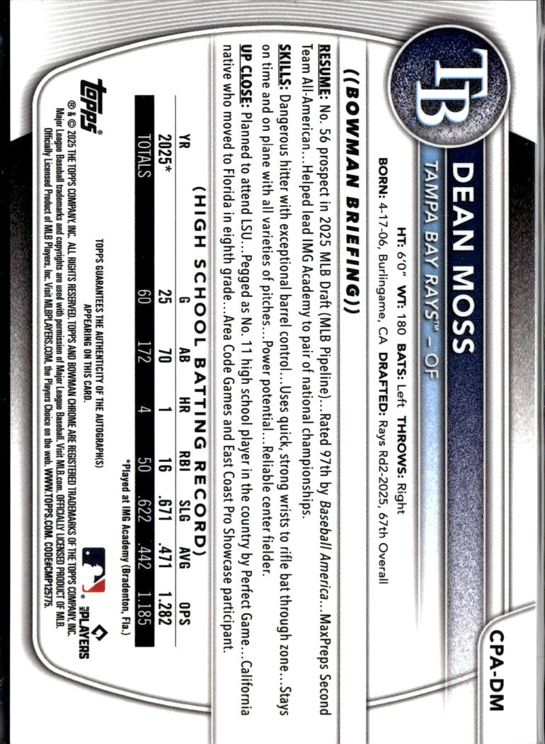Dean Moss 2025 Bowman Chrome Auto Blue Refractor /150 Tampa Bay Rays