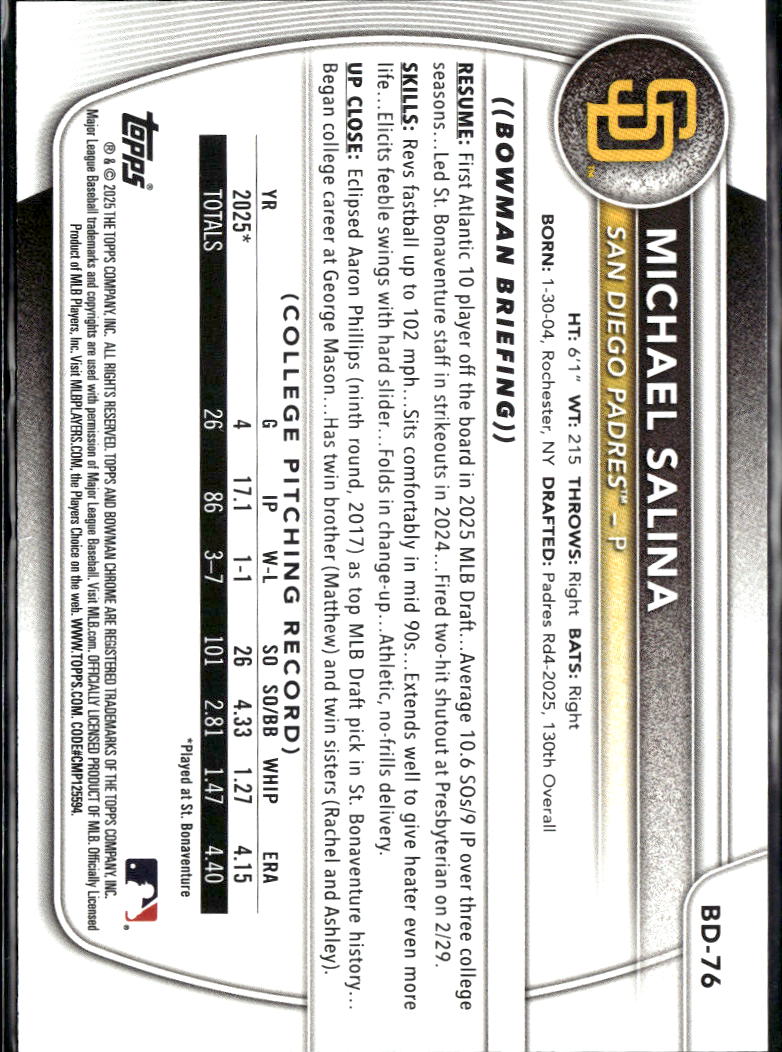 Michael Salina 2025 Bowman Draft 1st GOLD RC 43/50 San Diego Padres