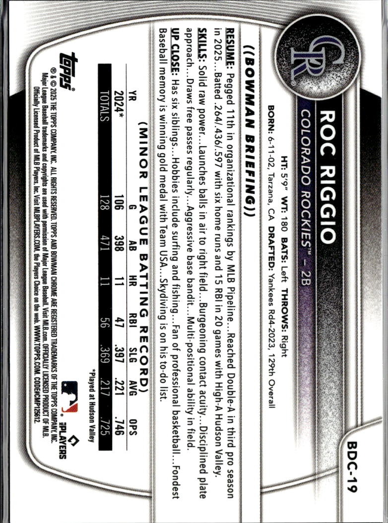 Roc Riggio 205 Bowman Chrome GOLD Refractor 9/50 Colorado Rockies