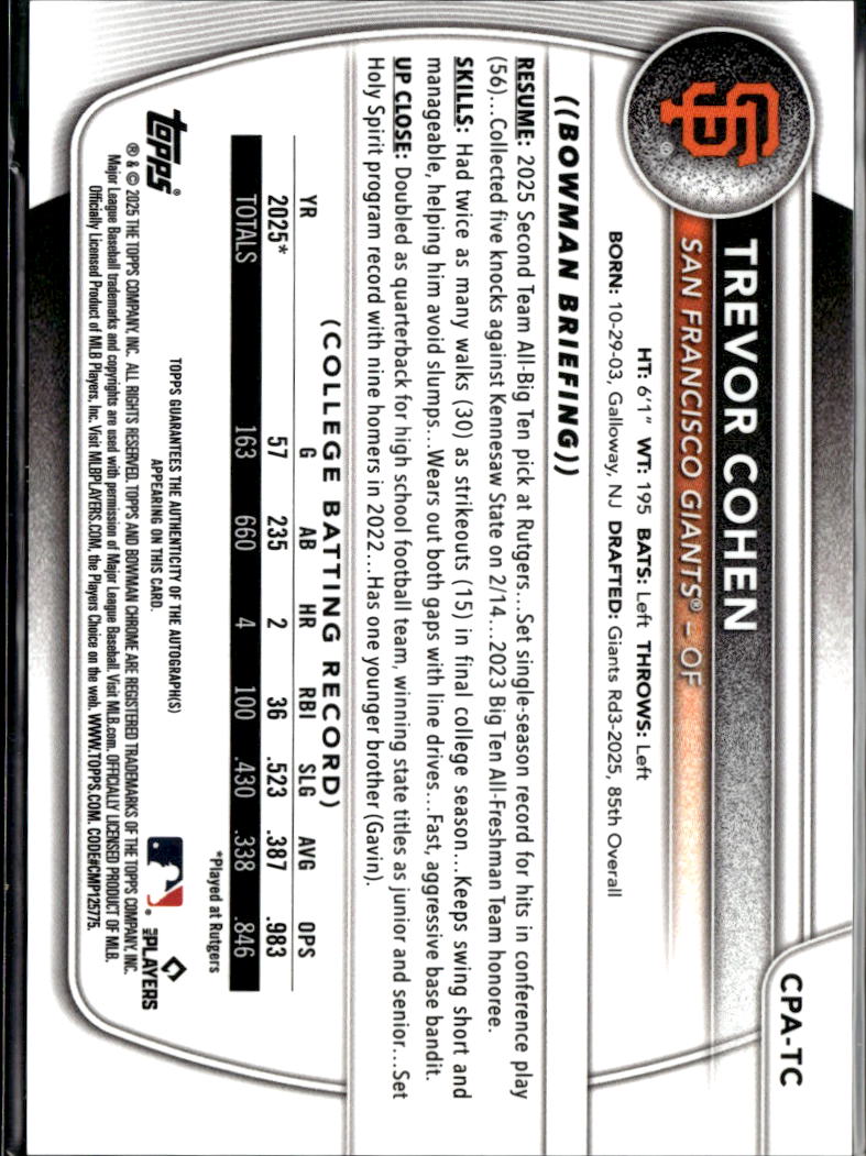 Trevor Cohen 2025 Bowman Chrome 1st Auto Autograph 132/199 San Francisco Giants