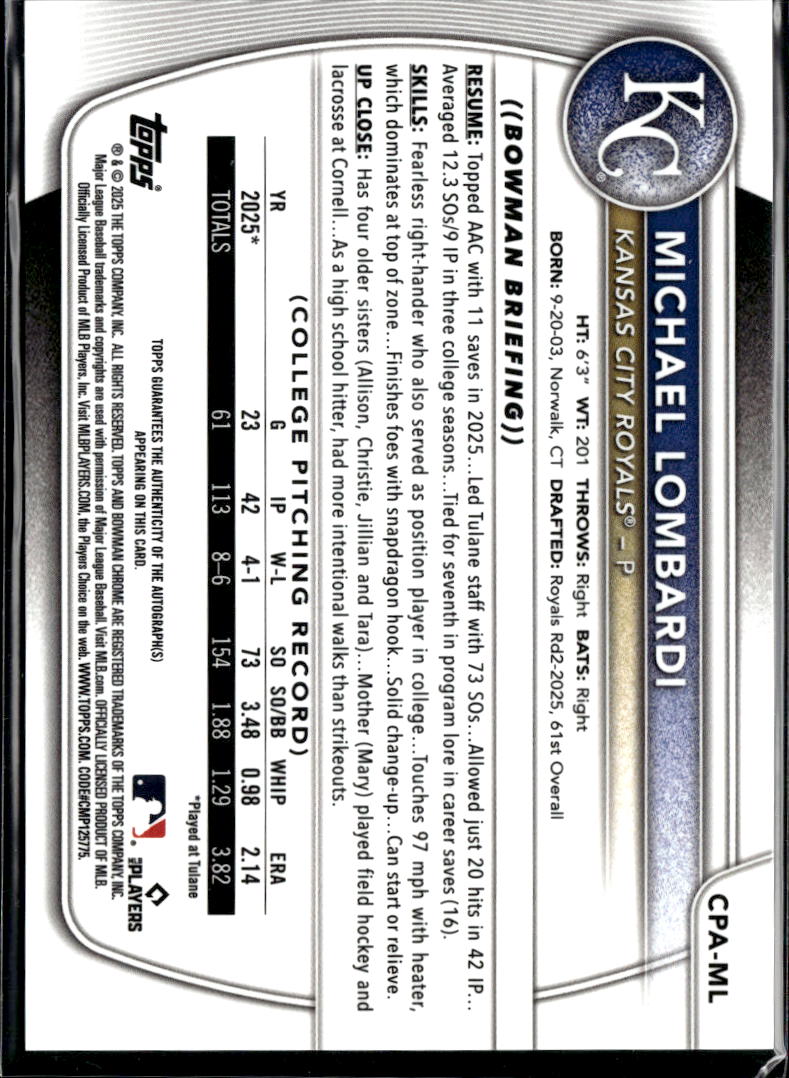 Michael Lombardi 2025 Bowman Chrome 1st Auto Autograph 89/250 Kansas City Royals
