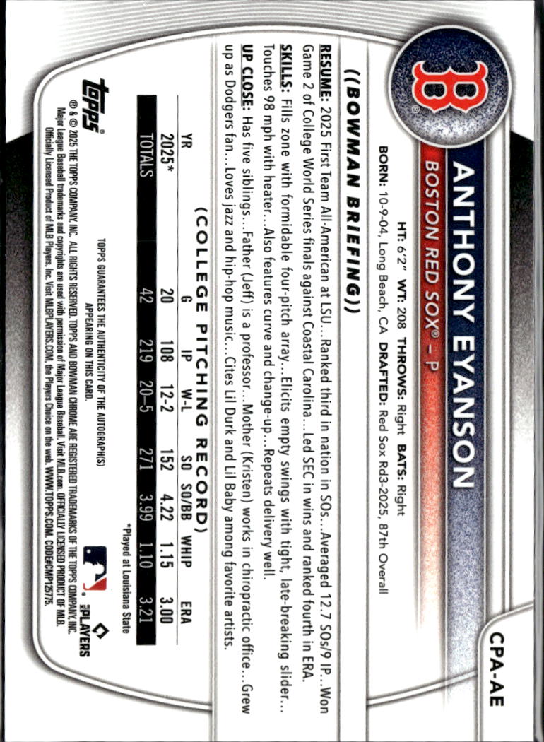 Anthony Eyanson 2025 Bowman Chrome 1st Auto Autograph 27/250 Boston Red Sox