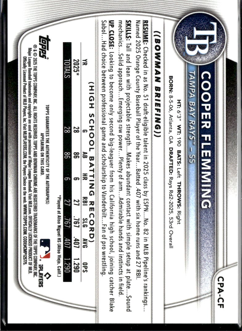 Cooper Flemming 2025 Bowman Chrome 1st Auto Autograph Tampa Bay Rays