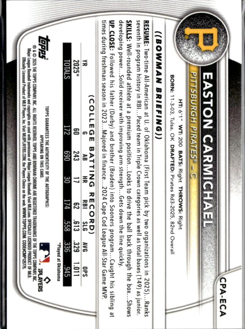 Easton Carmichael 2025 Bowman Chrome 1st Auto Autograph RC Pittsburgh Pirates