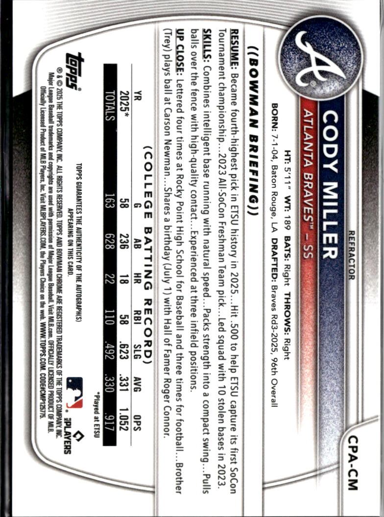 Cody Miller 2025 Bowman Chrome 1st Auto Autograph 460/499 Atlanta Braves