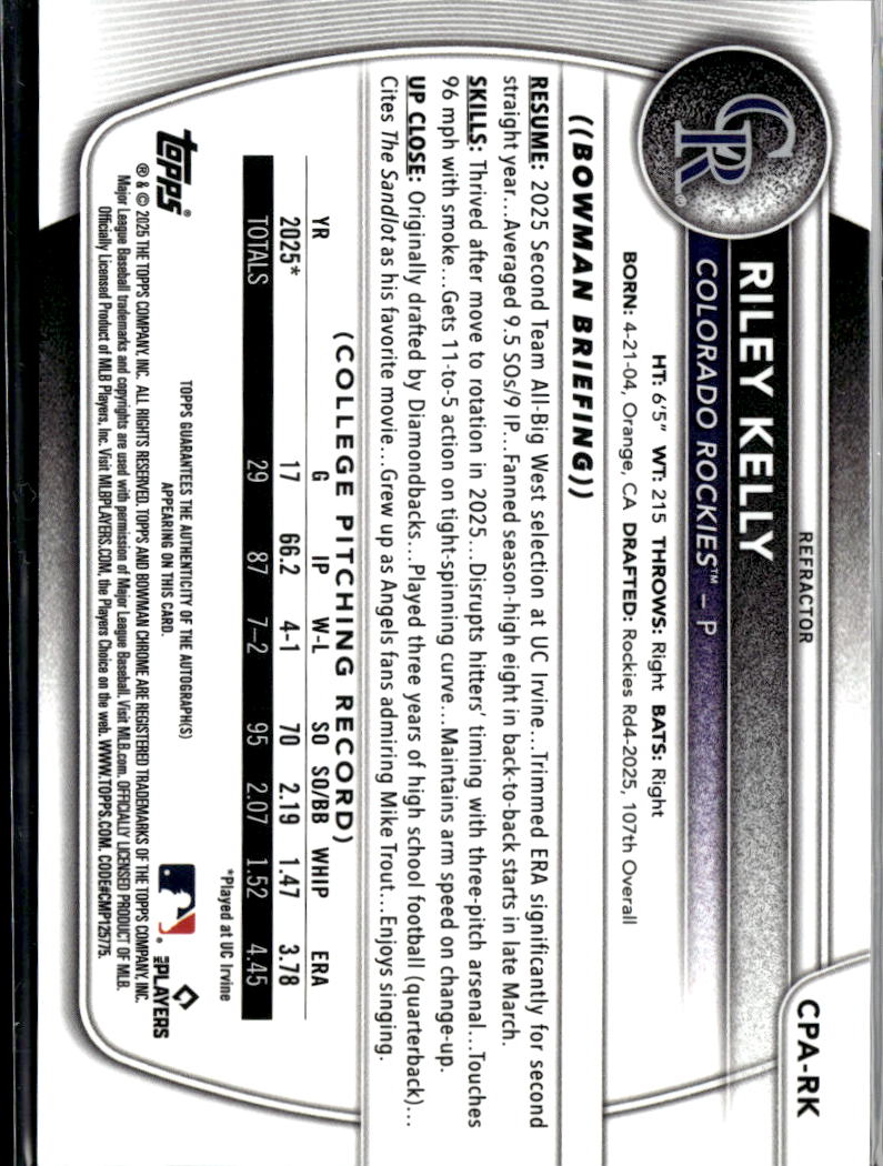 Riley Kelly 2025 Bowman Chrome 1st Auto Autograph 390/499 Colorado Rockies