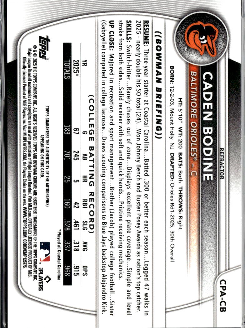 Caden Bodine 2025 Bowman Chrome 1st Auto Autograph 24/499 Baltimore Orioles