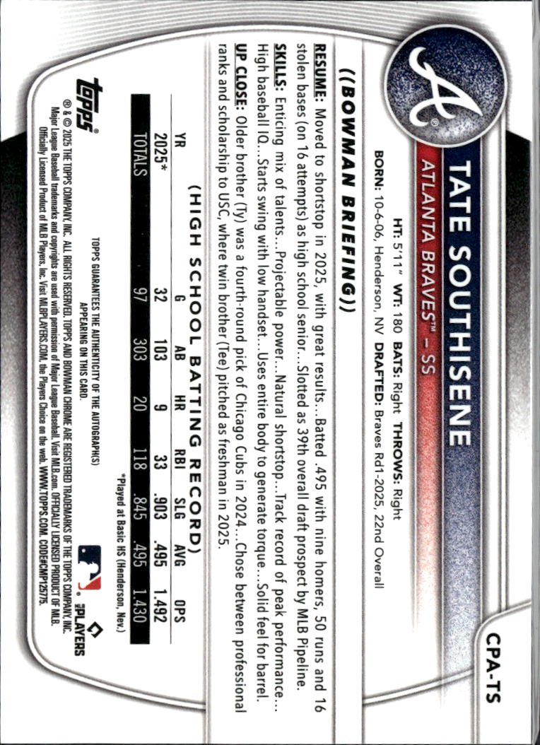 Tate Southisene 2025 Bowman Chrome 1st Auto Autograph Atlanta Braves