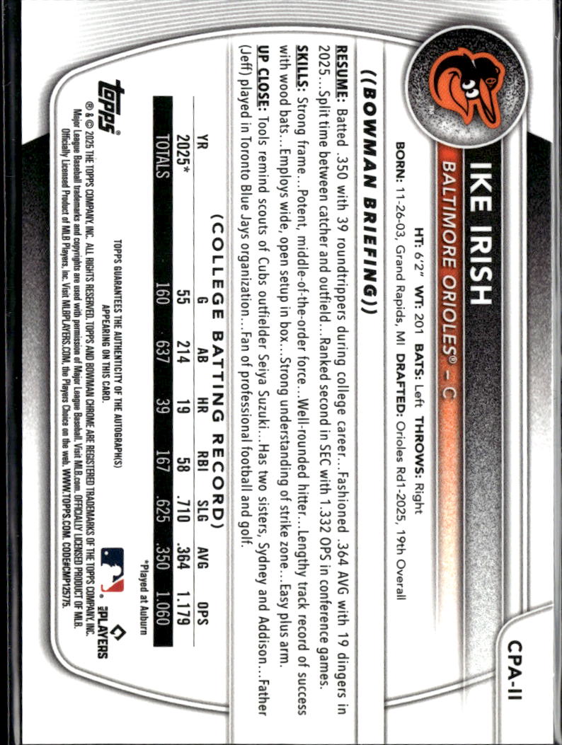 Ike Irish 2025 Bowman Chrome 1st Auto Autograph Baltimore Orioles