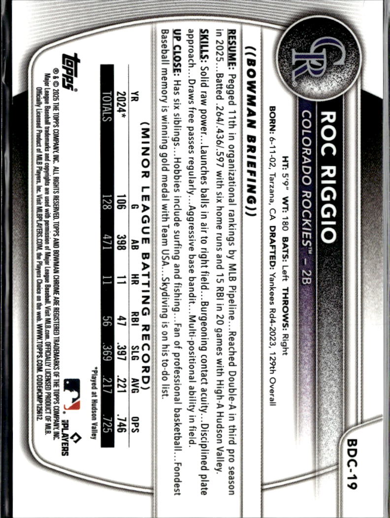 Roc Riggio 205 Bowman Chrome GOLD Refractor 9/50 Colorado Rockies