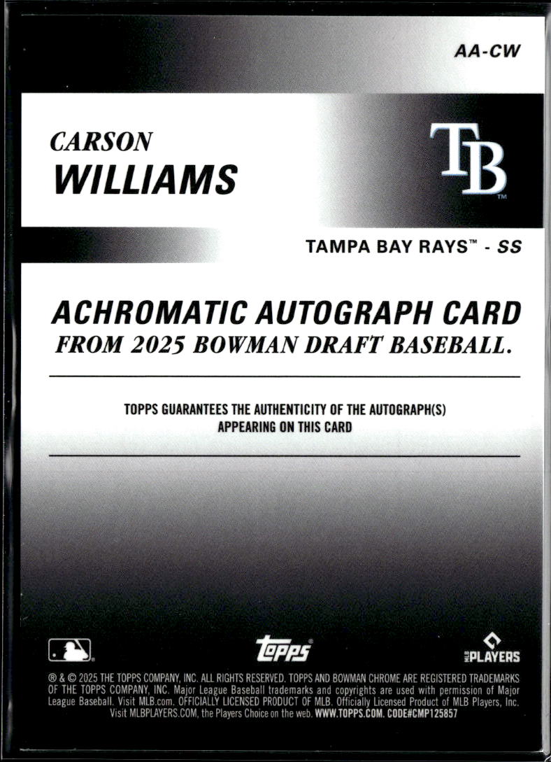 Carson Williams 2025 Bowman Chrome Auto Autograph 48/99 Tampa Bay Rays