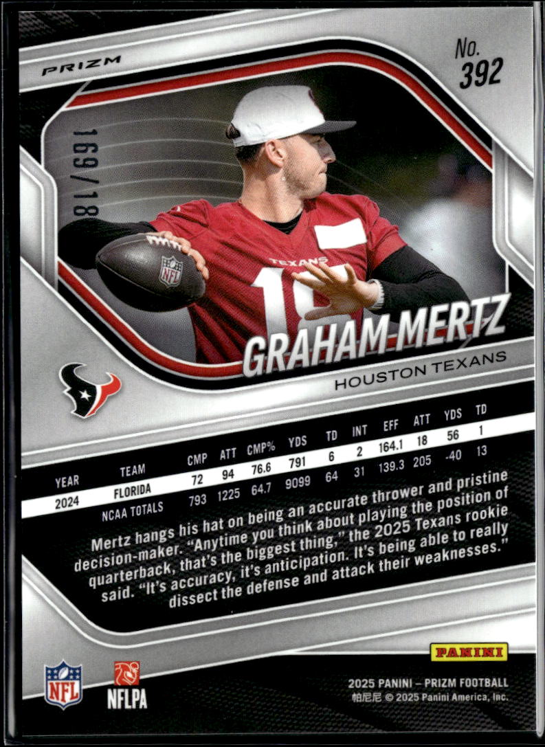 Graham Mertz 2025 Prizm Pigskin Leather Prizm Rookie RC 169/180 Houston Texans
