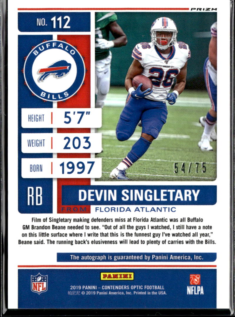 Devin Singletary 2019 Contenders Optic Auto Autograph RC Blue /75 Buffalo Bills