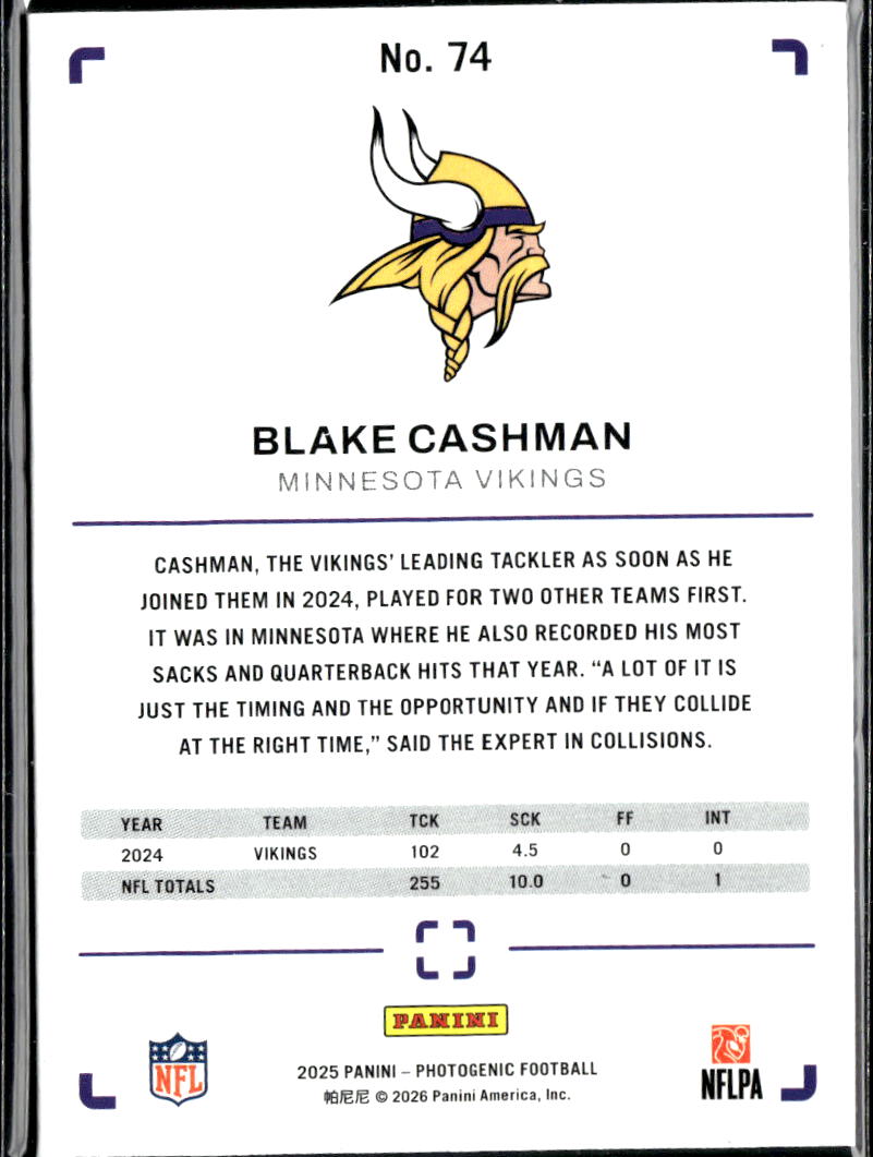 Blake Cashman 2025 Photogenic Purple Parallel 29/99 Minnesota Vikings