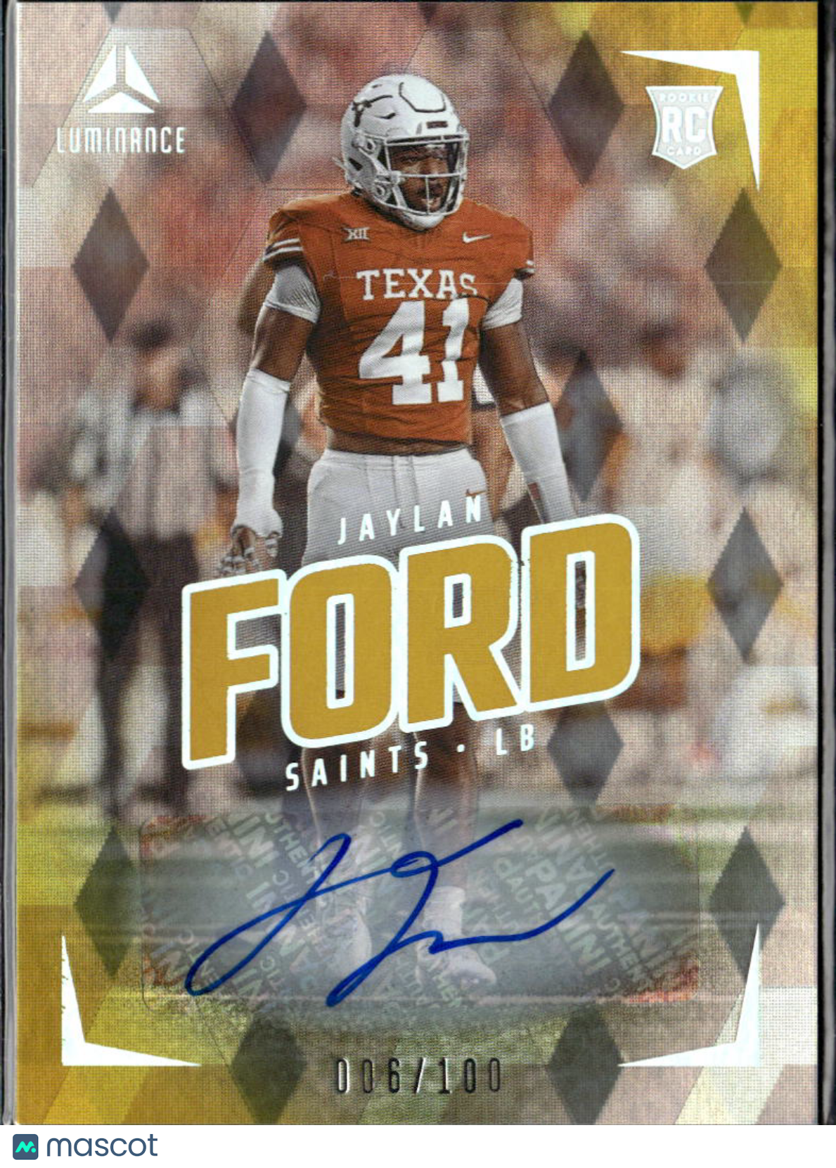 Jaylan Ford 2024 Luminance Yellow Auto Autograph RC 6/100 Texas Longhorns Saints