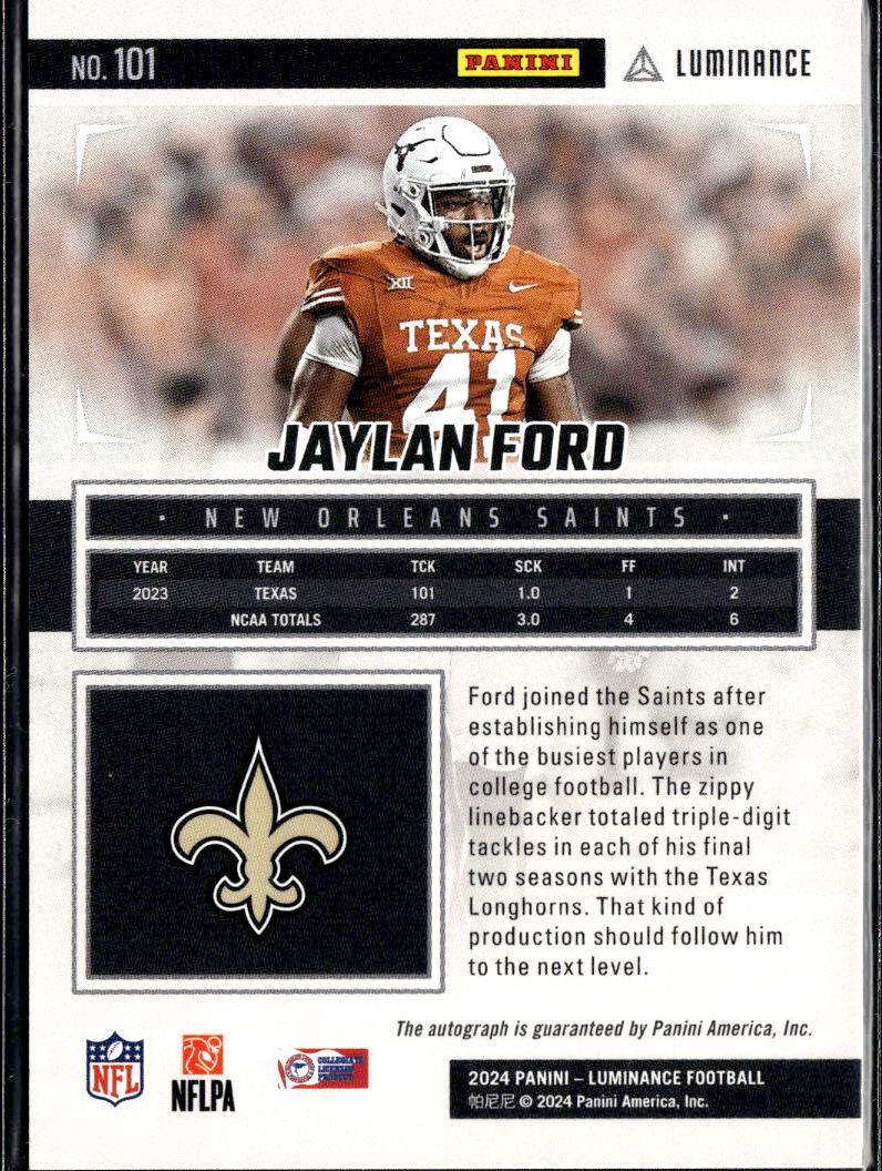 Jaylan Ford 2024 Luminance Yellow Auto Autograph RC 6/100 Texas Longhorns Saints