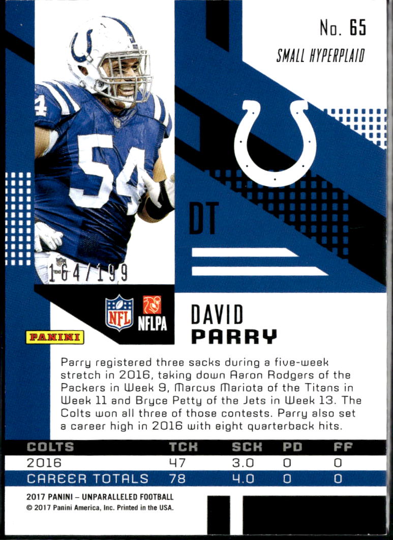 David Parry 2017 Unparalleled Yellow Hyperplaid Rookie RC 164/199 Colts