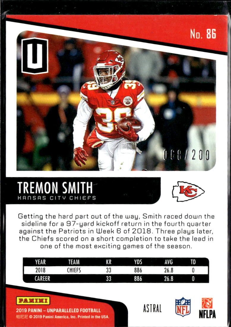 Tremon Smith 2019 Unparalleled Astral RC Rookie 68/200 Kansas City Chiefs