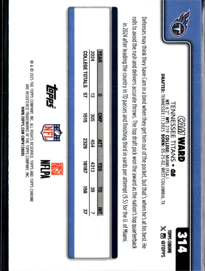 Cam Ward 2025 Topps Chrome RC Etch Refractor SSP #314 Tennessee Titans