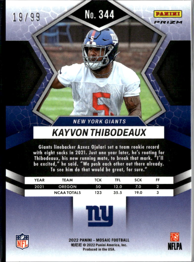 Kayvon Thibodeaux 2022 Mosaic Blue Prizm Rookie RC 19/99 New York Giants